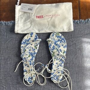 Alice + Olivia Blue and White Sandals with Floral Design